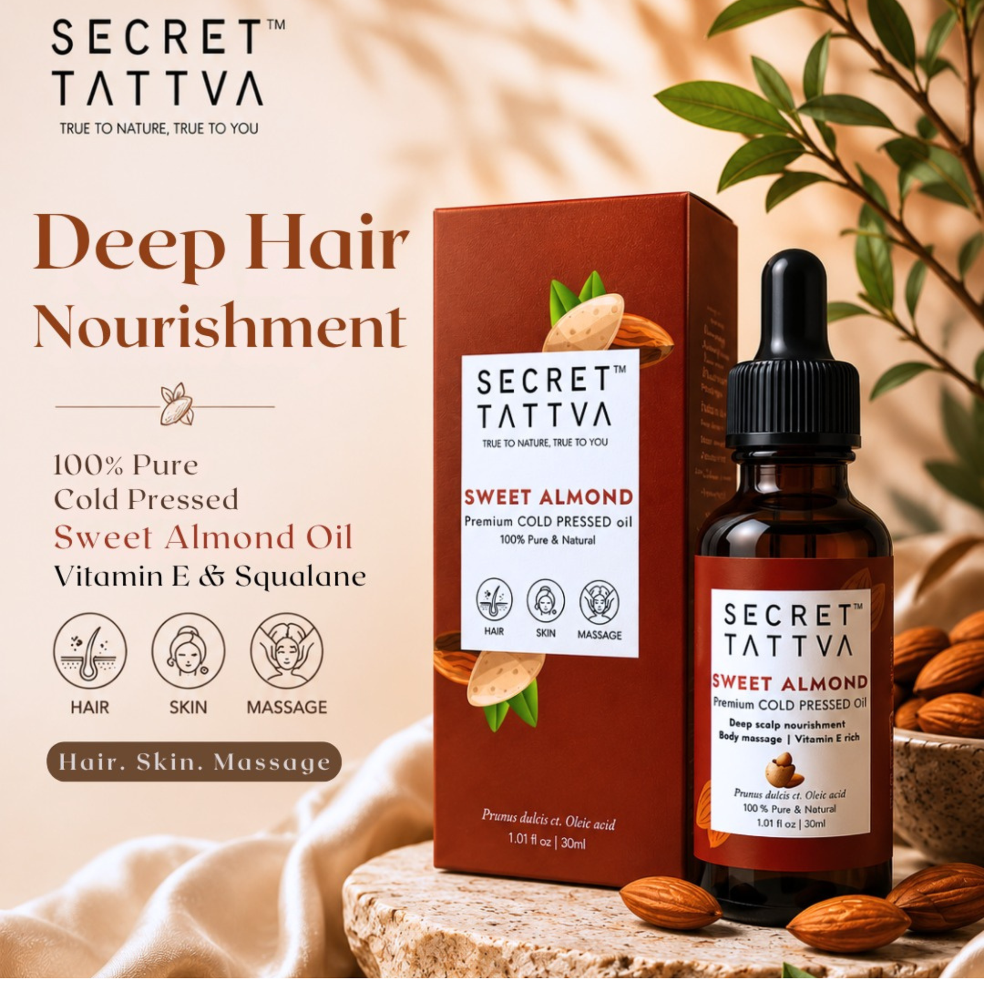 Sweet Almond for Hair Nourishment, Vitamin E rich, Fine lines - SECRET TATTVA
