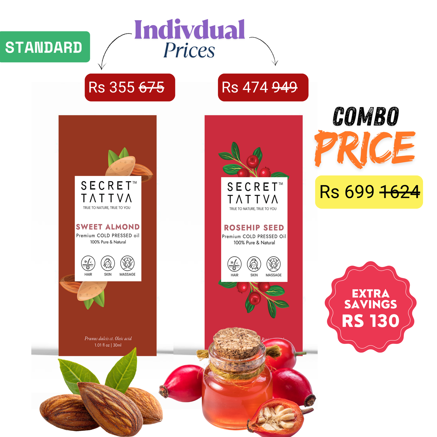 Sweet almond and Rosehip seed oil combo offer
